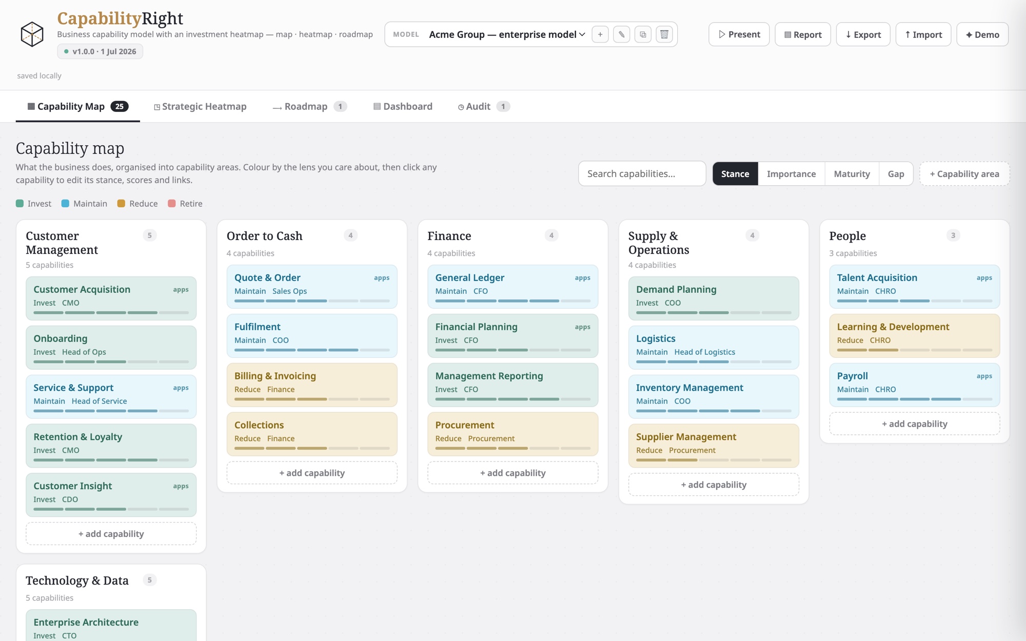 CapabilityRight screenshot: a business capability map coloured by investment stance
