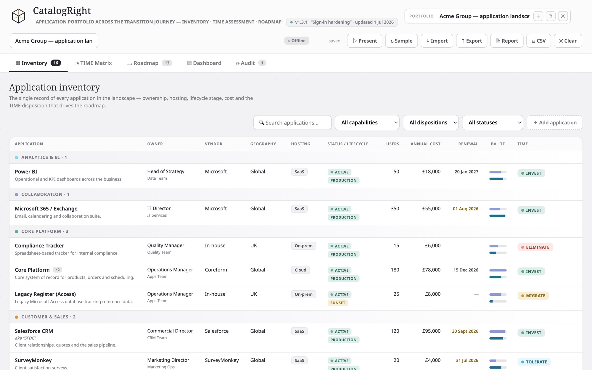 CatalogRight screenshot: an application inventory with ownership, lifecycle, cost and TIME disposition